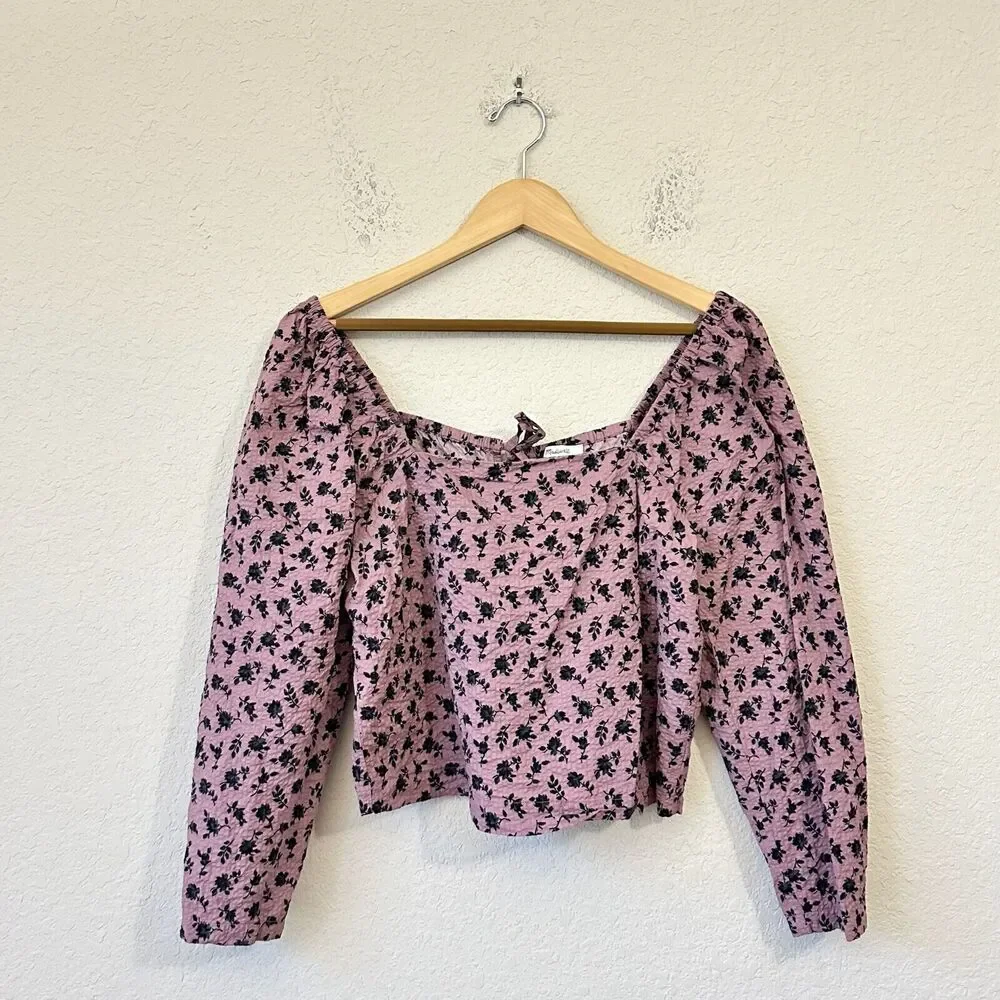 MADEWELL Cropped Seersucker Square-Neck Top Mauve Floral Cotton
